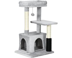 Merax Krabpaal met Kattenhuis en Wasbaar Kattenbed – Kattenboom met Speelgoed en Sisal – 85 cm – Lichtgrijs