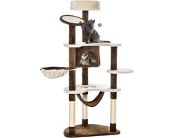 Merax Krabpaal XXL 153 cm Kattenboom met Hanggedeelte Kattenhuis en Pluche Bekleding Bruin