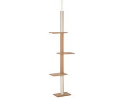 Merax Plafondhoge Krabpaal 228-260 cm - In Hoogte Verstelbaar - 4 Platforms - Krabvlakken - Pluche Kussens - Kaki - Voor Katten tot 4 kg