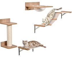 Merax Wandset Kat met Krabpaal Wandtrap Hangmatten Acryl en Hout Bruin voor Katten tot 10 kg