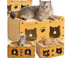 Krabpaal: Merkloos Kartonnen Kattenhuis 3-in-1: Krabpaal, Speelgoed & Mand