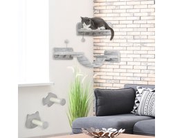 Wandmeubel: MEUNIQ katten klimwand set 4-delig met sisaltreden, dubbel platform, speelbal en wandmontage, krabmeubel voor klimmen en krabben, lichtgrijs