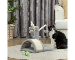 Krabpaal: MEUNIQ krabpaal 40 cm met huisje, 2 speelballen, krabmat en ligplaat in pootvorm, kattenkrabmeubel van pluche en sisal voor spelen, krabben en rusten, lichtgrijs