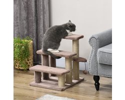 Krabpaal: MEUNIQ krabpaal kattentrap 3 niveaus 45 x 40 x 48 cm met speelbal en jute krabvlakken, kattenmeubel voor naast bank of bed, bruin, tot 5 kg