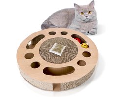 Mint Scratch Board - Golfkarton - Krabpaal voor katten - Rond ontwerp - Recyclebaar en van hoge kwaliteit - Kartonnen krabplank - Dubbelzijdige krabplank - Met 2 belletjes - Houtkleur - 33x33x5,5 cm/13x13x2,1 inch