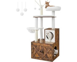 MIRA Home – Kattenmeubel 2-in-1 – Krabpaal & Kattenbak in één – Kattenhuis – Vintage Hout – Wit – 57,5x50x140 cm