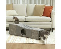 Krabpaal: MIVRAY Krabmeubel &ndash; Opvouwbare Kattentunnel &ndash; 98 x 30 x 30 cm &ndash; Polyester en Sisal &ndash; Bruin &ndash; Kattenhuis met Speelbal
