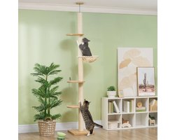 Krabpaal: MIVRAY Krabpaal – Deckenhoog En Hoogte Instelbaar – 230-250 Cm – Polyester En Sisal – Eiken En Crèmewit – Klimmen En Rusten