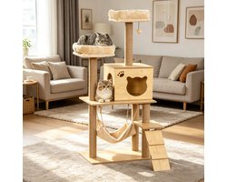 Krabpaal: MIVRAY Krabpaal &ndash; Meerdere Niveaus Met Huisje En Hangmat &ndash; 60 x 40 x 130 cm &ndash; Hout, Pluche En Sisal &ndash; Beige Bruin &ndash; Katten Activiteitscentrum