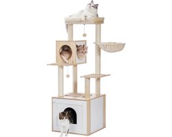 Moderne kattenboom met opbergkast en kattenbakbehuizing – Ruime kattentoren met sisal krabpalen, hangmat en speelgelegenheden