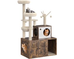 Moderne kattenboom met verborgen kattenbak meubel - 3‑in‑1 krabpaal met sisal palen, hangmat, hoge voerplek & opbergruimte - houtlook, ruimtebesparend - Grijs -80x48x140CM