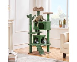 Moderne krabpaal in de vorm van een cactus, hoogte 138 cm, met uitzichtplatform, sisalstammen, pluche bal, groen/bruin