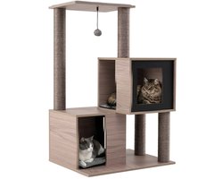 Moderne Krabpaal voor Binnenkatten 93 cm Hoge Houten Toren met Meerdere Verdiepingen en Sisal Krabpalen