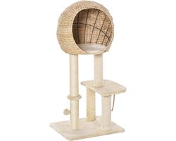 MODFU Krabpaal 100 cm van sisal en pluche, met kattenhuis 40x40x38 cm, MDF constructie en speelbal, beige