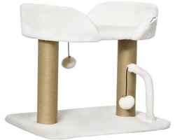 Krabpaal: Modieuze krabpaalset – inclusief 2 hangende pluizenbolletjes – 2 sisalpaaltjes – pluche platform – 48 x 38 x 42 cm – beige sisal
