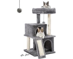Mrs. Jones Cat Tree Scratching Post with Sisal Rope Plush Lounger Playhouse - Grey Color - Toy for Cats - Caves included .