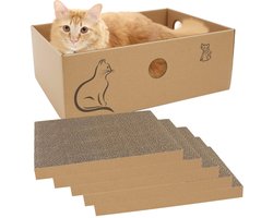 MUAEEOK Kartonnen Krabpaal met Doos, 5-Pack Omkeerbare Vervangende Krabpaal, Golvende Krabpaal voor Binnenkittens om te Rusten en te Spelen, Geschikt voor Tot 5 kg (33 x 24 x 11 cm)
