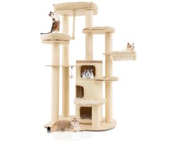 Multi-Level Houten Krabpaal met 3 Niveaus/2 Zitstokken/Krabpaal/Platform/Springbal/Ophangkoord/Meubilair voor Binnenkatten Beige