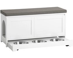Multifunctionele Houten Kattenbak met Poef en Opbergruimte - 2 Deuren, 3 RVS Kommen, 90x36x44cm - Wit