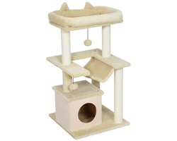 Multifunctionele kattenboom bevat krabpaal kattenhuis met afneembare kap kattenhangmat kattenbed ligplatform en speelbal zachte comfortabele pluche afwerking geschikt voor kleine katten voor binnengebruik 48x48x90 cm beige