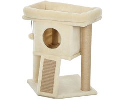 Krabpaal: Multifunctionele kattenklimset met krabpaal, kattenhuis, speelbal en platform, multifunctionele speel- en ontspanningsplek, stevig en duurzaam houten frame, comfortabel bekleed met pluche, geschikt voor katten tot 5 kg, 40×40×57 cm, beige