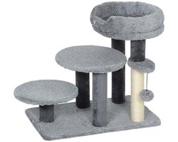 Multifunctionele Krabpaal en Trappetje Voor Katten Met Jute Krabpaal en Speelbal Stevige Brede Basis Comfortabele Zachte Pluche Stof Ondersteunt Katten tot 6 kg Veilig en Gemakkelijk Op Te Klimmen Beschermt Meubels 60x40x56cm grijs