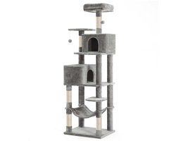 Multifunctionele meerlaagse kattenklimpaal kattenkrabpaal 49x49x135 cm grijs ontwerp met meerdere platforms en hangmat sisal krabpaal comfortabel zacht pluche oppervlak stevig duurzaam houten frame geschikt voor binnenkatten om te spelen