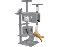 NAIZY K1254 Grote kattenkrabpaal, 49 x 49 x 130 cm, XXL kattenboom met sisal zuilen en kattenmand, antislip, grijs, activiteitenkrabpaal voor meer katten
