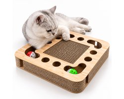 Krabplank: Namajunas Interactief Krabkarton voor Katten - Krabplank met Ballenbaan - Incl. Speelballetjes - Golfkarton - 34x34x5,5 cm - Houtlook