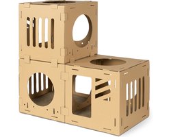 Navaris modulaire golfkartonnen katten speelblokken - Golfkarton speelhuis met 3 blokken en 2 krabmatten - Snel in elkaar gezet