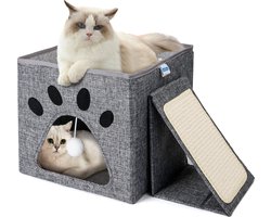 Nobleza kattenmand opvouwbaar - katten krabplank - kattenhuis binnen - zachte poezenmand voor 2 katten - 48x35x29cm - grijs