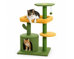 Krabpaal: NordPaw® Cactus Krabpaal Kat 94 cm - Kattenkrabpaal met Kattenhuis en Ligbed - Krabmeubel met Sisal Krabpaal en Speelbal - Compacte Kattenboom voor Binnenkatten - Groen