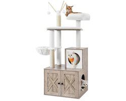 Krabpaal: NordPaw&reg; Kattenkrabpaal met Kattenbak Meubel - 2-in-1 Kattenboom met Kattenhuis, Opbergkast, Krabpalen en Ligbed - Greige - 57,5 x 50 x 140 cm