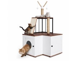 Krabpaal: NordPaw® Kattenkrabpaal met Kattenbakkast - Kattenmeubel 3-in-1 - Verborgen Kattenbak - Krabpaal met Opbergkast - Krabplank - Kattenhuis - 70x70x124 cm - Wit/Hout