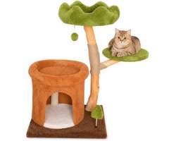 Krabpaal: NordPaw® Krabpaal Kat Boomdesign 80 cm - Kattenhuis met Krabpaal - Kattenmeubel met Ligplateau en Speelbal - Zachte Pluche Kattenboom - Krabmeubel voor Binnenkatten - Groen/Bruin