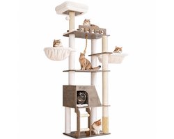 Krabpaal: NordPaw&reg; Krabpaal van Hout - Kattenboom met Meerdere Verdiepingen - Kattenhuis en Hangmat - 55x40x184 cm