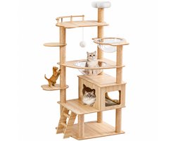 Krabpaal: NordPaw® Krabpaal voor Grote Katten - Houten Kattenboom met 7 Niveaus - 14 Sisalpalen en Ligplekken - Naturel - 60x50x170 cm