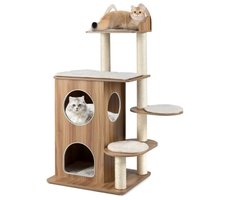 Krabpaal: NordPaw® Luxe Houten Krabpaal 122 cm - Kattenboom met 2 Kattenhuizen - Krabmeubel met Sisalpalen en Ligplatformen - Kattentoren voor Binnenkatten - Naturel Beige