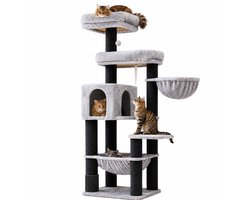 Krabpaal: NordPaw® XXL krabpaal voor Maine Coon - kattenboom met 2 hangmatten - sisalpalen Ø 11 cm - beige - 55 x 45 x 168 cm