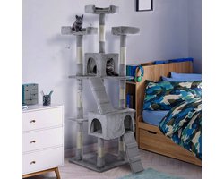 NYVI Katten Krabpaal Diego 170 cm Hoog Grijs - Deluxe Kattenboom met Kattenhuizen, 3 Platforms en Sisal Krabstammen - Stabiel en Robuust XXL Kattenhuis