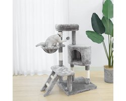 NYVI Katten Krabpaal Figaro 102 cm Hoog Grijs - Deluxe Kattenboom met Kattenhuis, Hangmat, Platform, Katten Speelgoed en Sisal Krabstammen - Stabiel en Robuust Kattenhuis