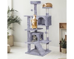 NYVI Katten Krabpaal Luzifer 134 cm Hoog Grijs - Deluxe Kattenboom met 2 Kattenhuizen, 2 Platforms, Katten Speelgoed en Sisal Krabstammen - Stabiel en Robuust Kattenhuis