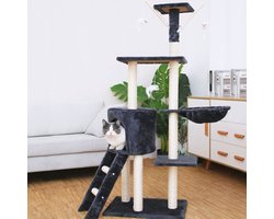 NYVI Katten Krabpaal Simba 142 cm Hoog Donkergrijs - Deluxe Kattenboom met Kattenhuis, Katten Speelgoed, Platform, Sisal Krabstam en Hangmat - Stabiel en Robuust Kattenhuis