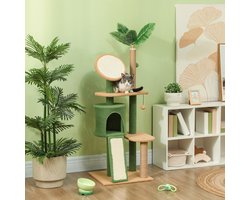 OKWISH Kattenkrabpaal – Natuurdesign – 48 x 44 x 139 cm – Spaanplaat En Jute – Groen – Met Grot, Plateau En Speelballetjes