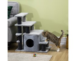 OKWISH Kattentrap Verstelbaar – 60 x 40 x 66 cm – Spaanplaat en Pluche – Grijs – Met Huisje en Speelbal