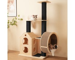 OKWISH Krabpaal – Met Loopwiel & Afneembare Krabmatten – 80x40x152 cm – Hout – Lichtbruin – 4 Plateaus, 2 Huisjes, Sisal Krabpalen, 3 cm Bodemplaat