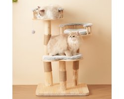 OKWISH Krabpaal – Stabiel Massief Hout – 60x48x98 cm – Hout – Grijs – Klim- en Slaapplek Voor Katten – Met Sisal, Afneembare Wolkenkussens