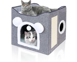 Krabplank: Opvouwbaar kattenhuis 2 lagen met krabplank en speelbal - Grijs 42 x 40 x 39 cm kattenhuis voor buiten