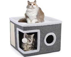Opvouwbaar Kattenhuis voor Binnen - Grote Kattenmand met Krabplank en Speelbal - 2 Lagen Cat Cubus 43 x 43 x 32 cm