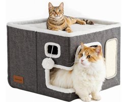 Opvouwbaar modern kattenkubusbed met pluizige bal en krabplank - Multifunctioneel comfortabele grote donkergrijze kattengrot - Voor binnenkatten 40 x 40 x 30 cm